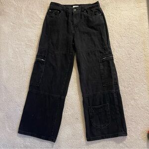 Forever 21 Premium Denim Black High-Rise Cargo wide leg Jeans Size Large
